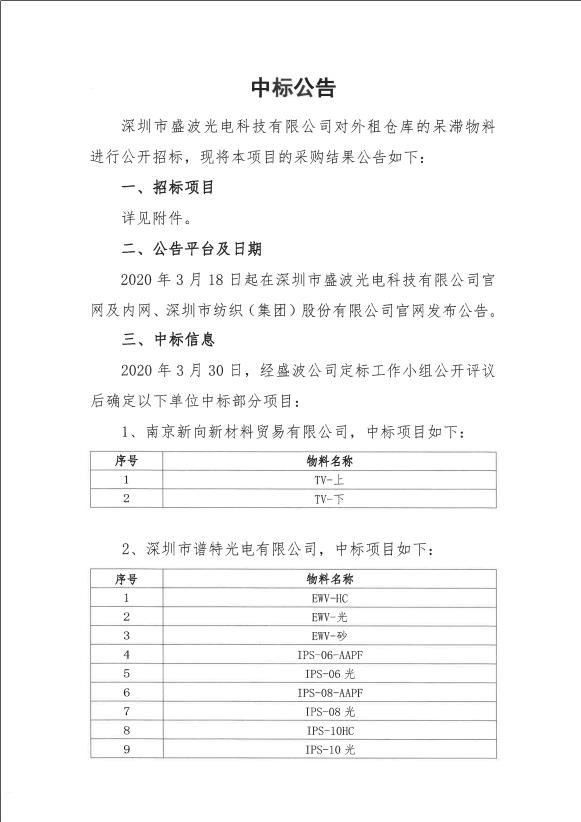 盛波公司中標(biāo)公告-老坑倉(cāng)庫物料